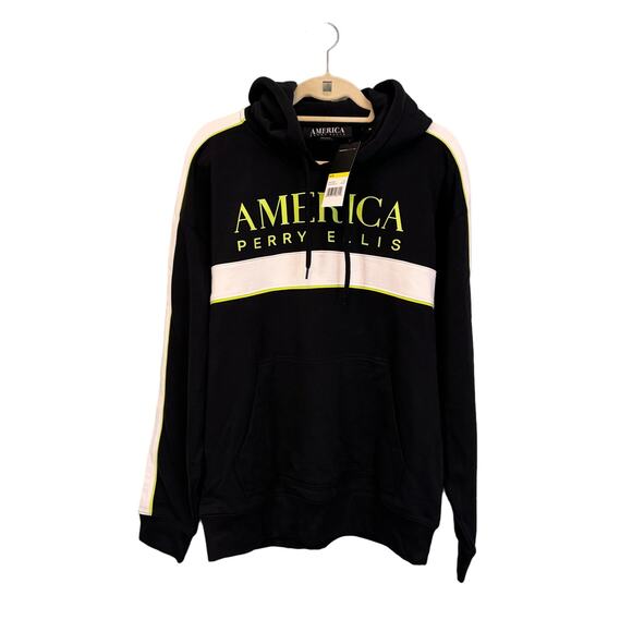 Perry Ellis America Hoodie Mens M Sweatshirt Neon Logo Pullover Fleece Black NWT - Picture 1 of 6